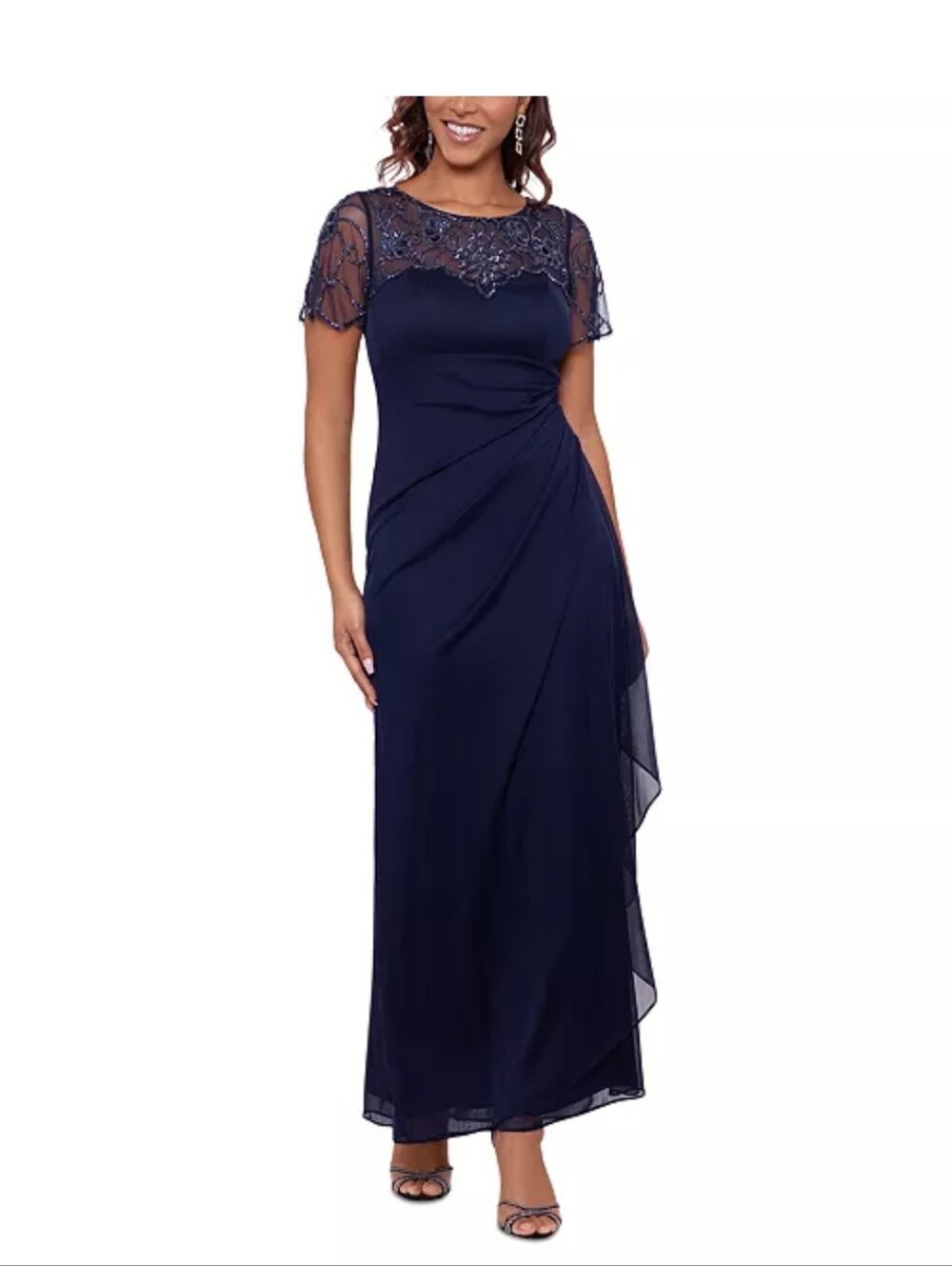 NWT XSCAPE Navy Beaded Lace Evening Gown Formal Dress Size 8 MSRP $269